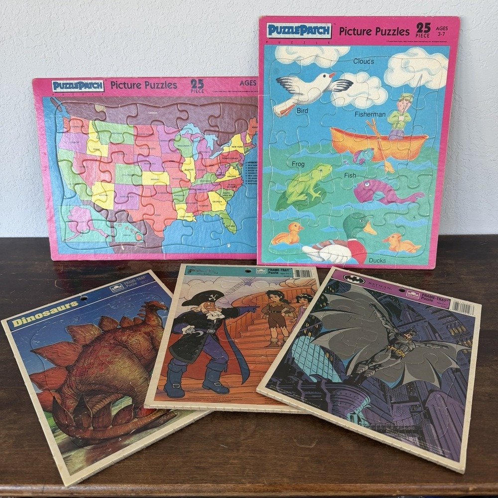 VTG Golden Frame‎ Tray Puzzle Patch Lot Of 5 Dinosaurs Peter Pan Batman States
